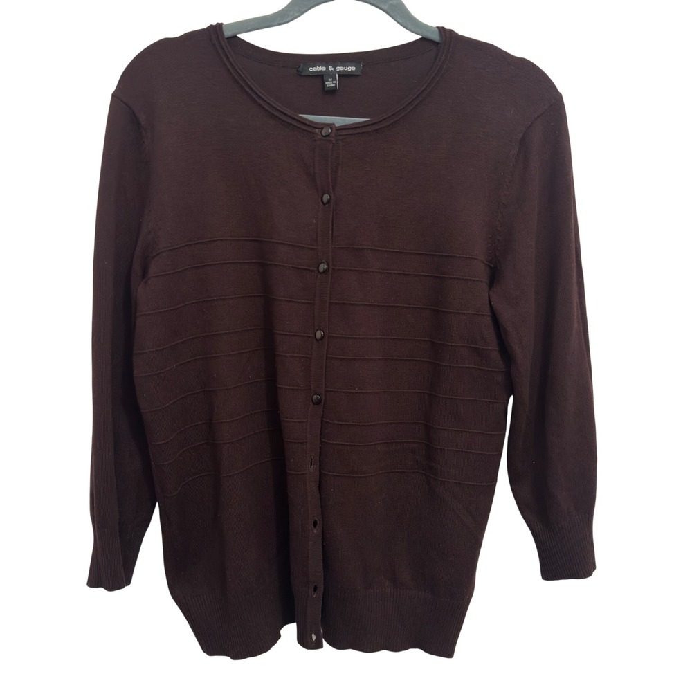 Cable & Gauge Cardigan Brown Textured Ridge Stripe 3/4 Sleeve Dark Academia M